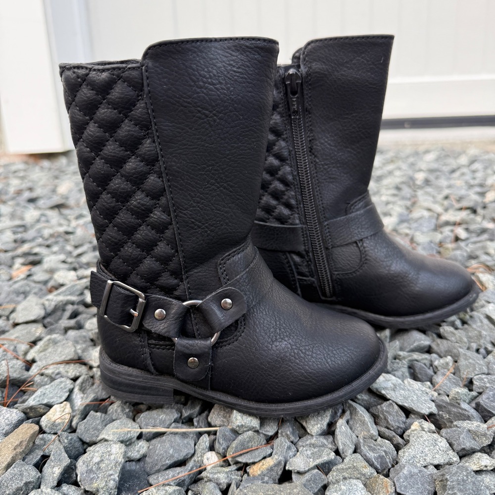 Wonder Nation Toddler Girls Black Quilted Harness Biker Boots Size 7